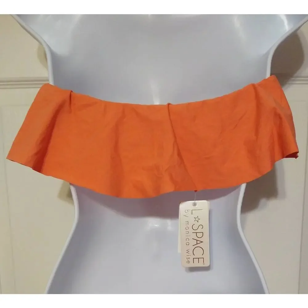 L*SPACE Lynn Bikini Top, Large Coral Pink Strapless Bandeau Style Ruffle Flounce